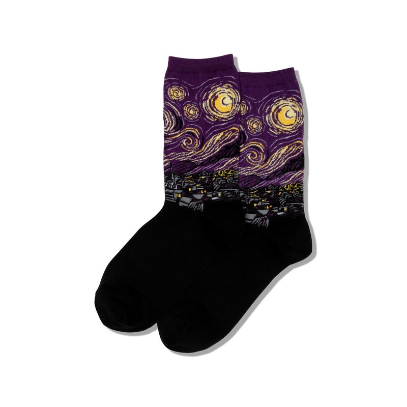 Hot Sox Womens Fun Famous Artist Paintings Crew Socks - 1 Pair Pack Cool & Gifts Hosiery, Starry Night (Purple), 4-10 US - Image 2